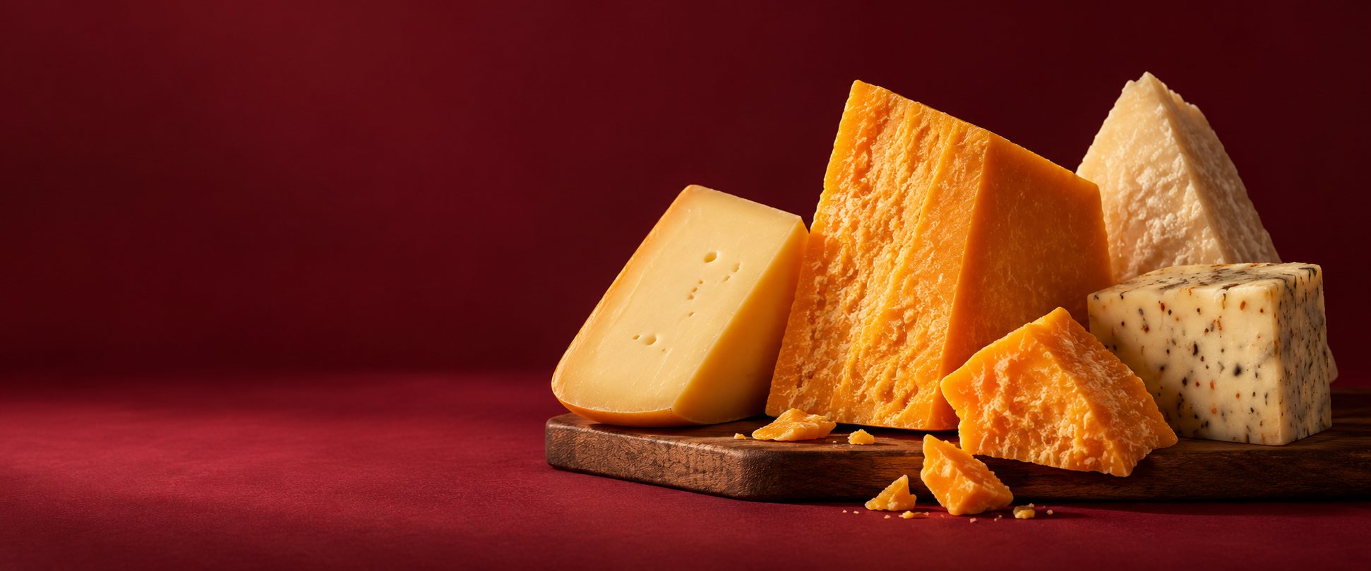 Wedges of aged Wisconsin cheese on a wooden board