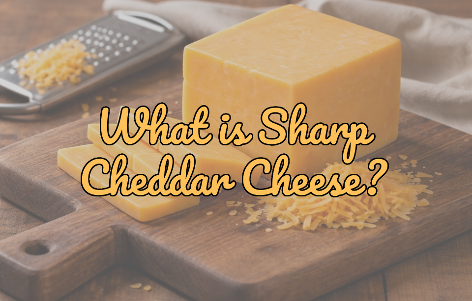 Block of sharp cheddar cheese on a wooden cutting board with sliced pieces and shredded cheese, overlaid with the blog title  “What is Sharp Cheddar Cheese?